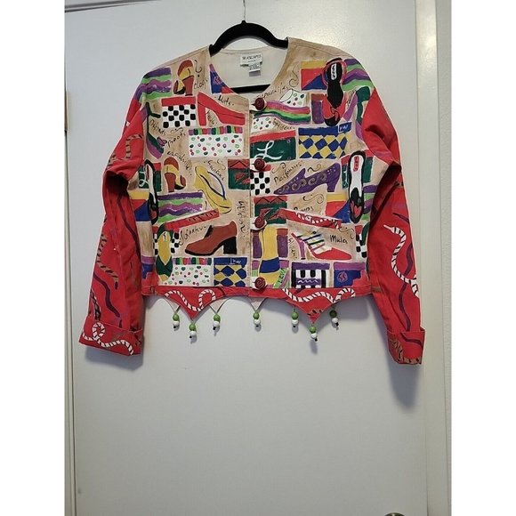Silkscapes Vintage 80s Jacket Art to Wear Shoe Novelty Print Red 